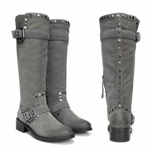 SAM EDELMAN Deryn Studded Moto Boots Gray Suede Y2K - Size 6